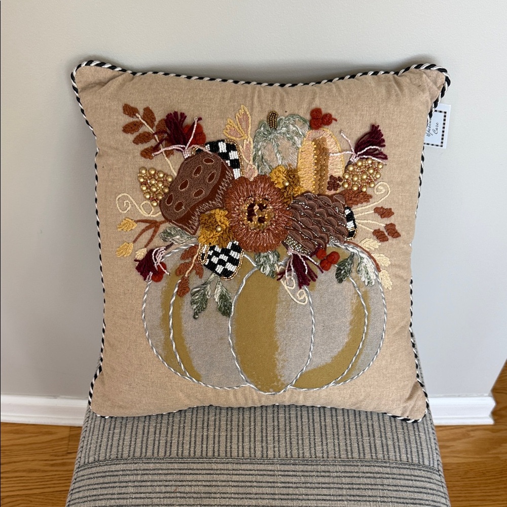 MacKenzie-Childs Autumn Frost Beaded  Pumpkin Throw Pillow-NWT